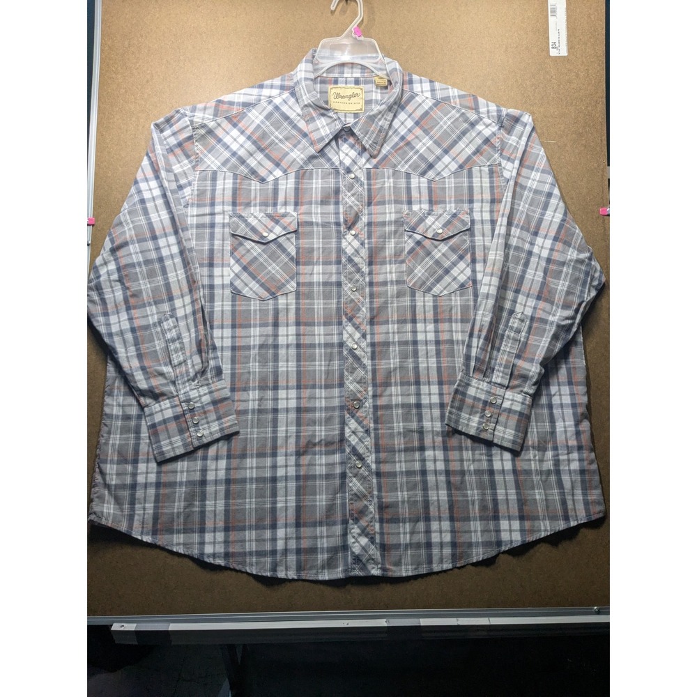 Wrangler Western Shirt Mens 3XL Grey Orange Plaid Short Sleeve Pearl Snap Yoke